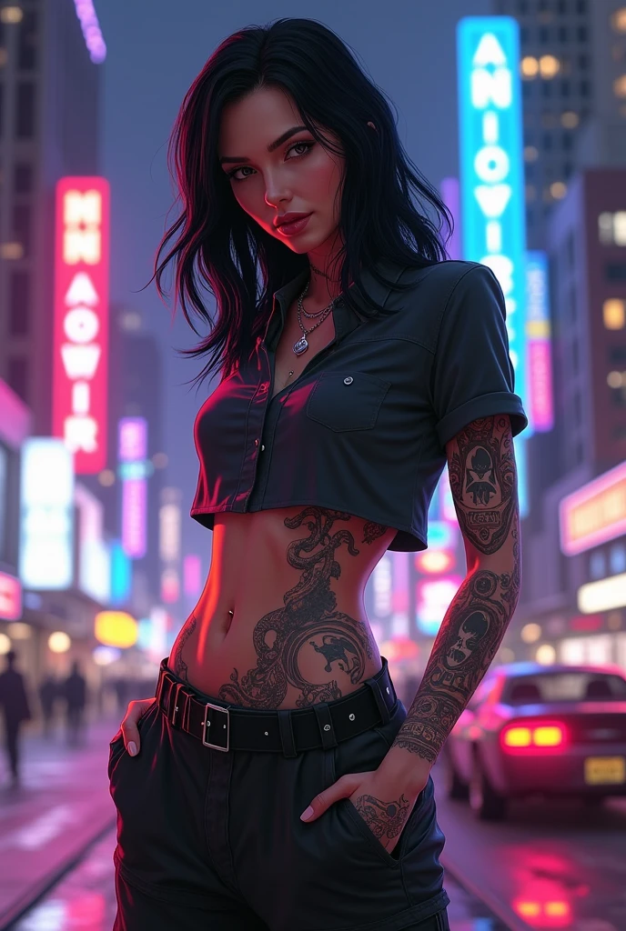 Generate a GTA V style image of a girl dressed in drip style, dressed in black with tattoos, with black hair, that he has tattoos and that in the background you can see the city in GTA video game style and that his skin color is light and that he is wearing a short blouse and very wide pants