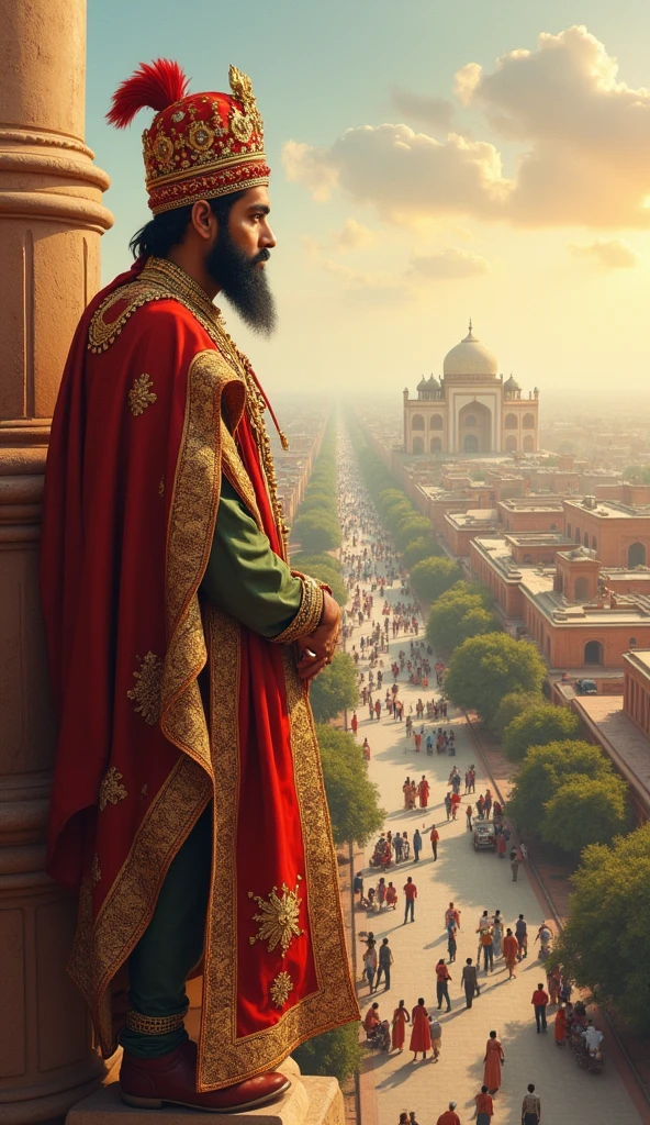 A majestic portrait of Emperor Akbar looking over a modern cityscape from a historical monument, as if watching over the people. The city below should show people of different faiths living and working together in harmony, symbolizing Akbar's enduring legacy. The sky above could have a soft golden hue, representing the inspiration drawn from his vision