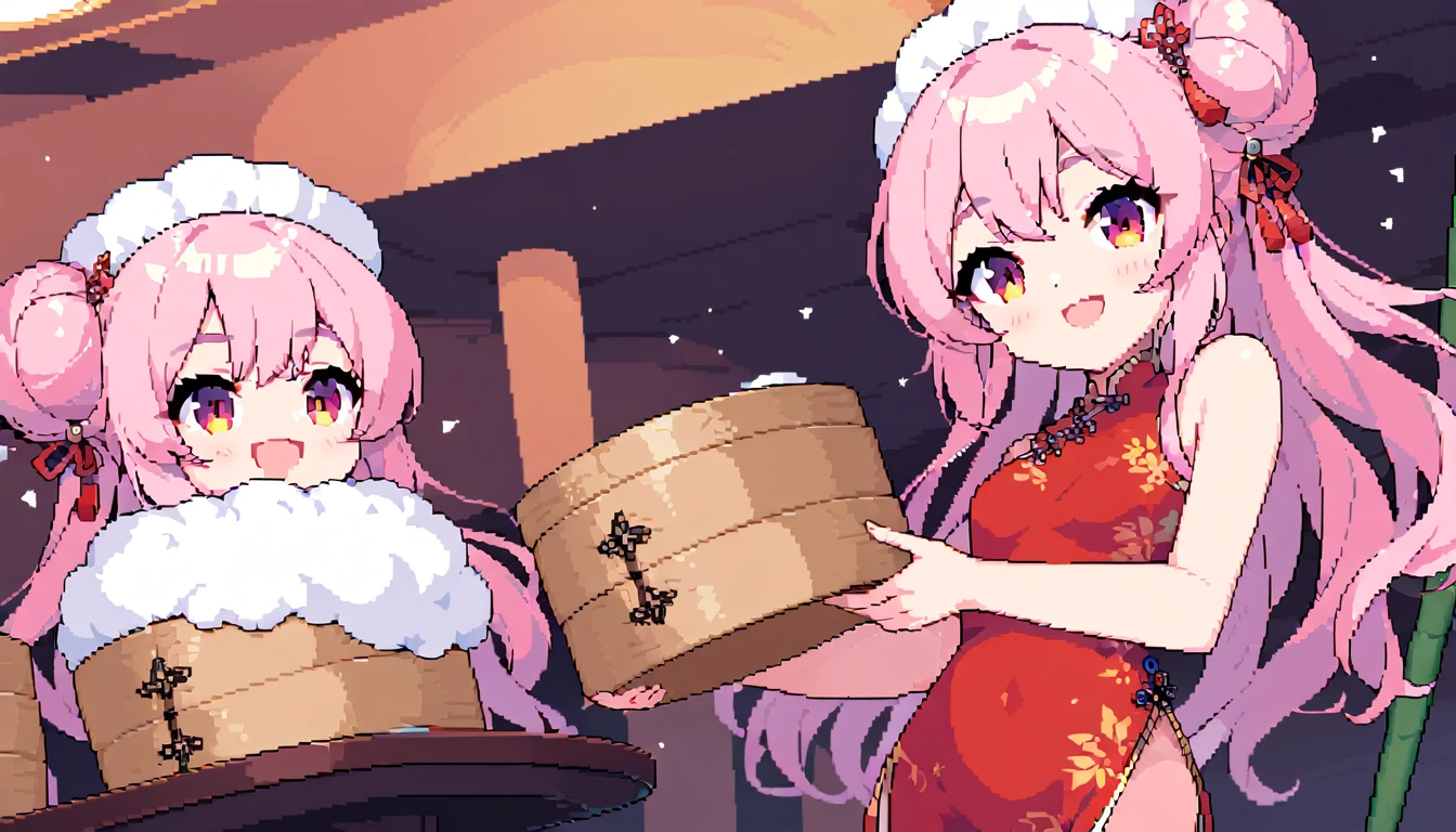 masterpiece, Highest quality, 8k, Pixel art, Pixel art, Vivid, ((1girl)), young woman, smile, cute, Turning at an angle, Open your mouth, Fluffy hair, Long Hair, Hair like sheep's hair, Pink Hair, eyebrow, 太いeyebrow, China dress, Chignon Cap, (Highest quality:1.0), (China Hotel), Holding a bamboo steamer in both hands, The sheep is on the steamer., Circular red rotating table