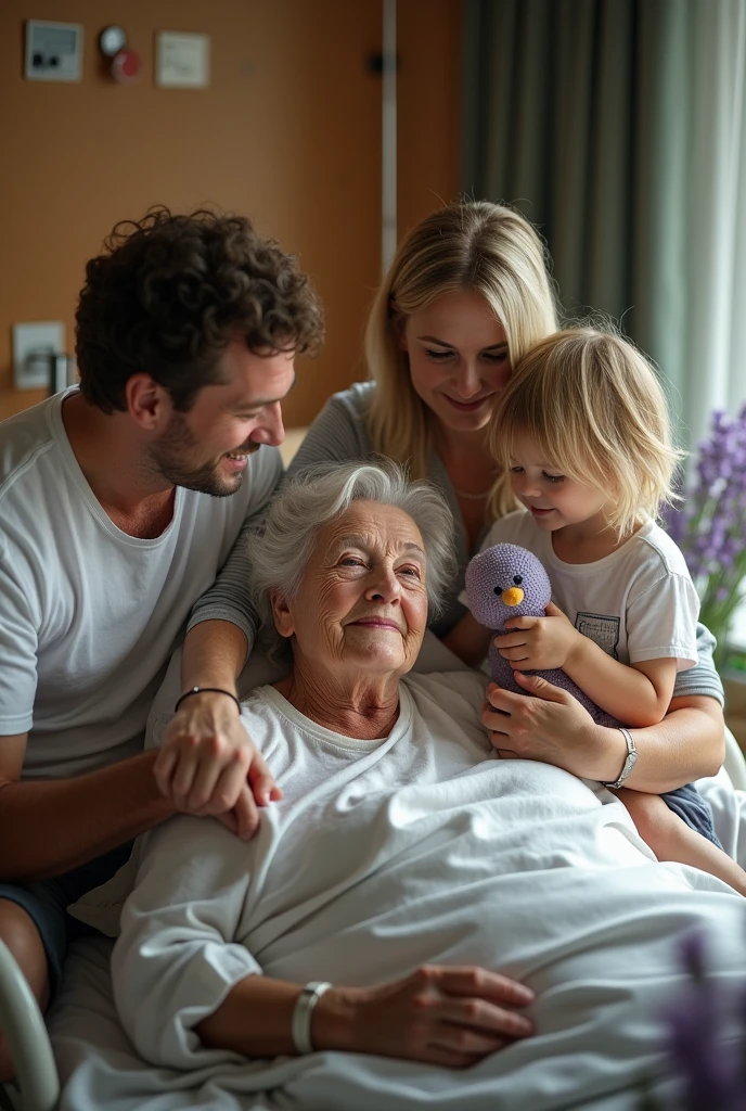 This is a grandmother who is in the hospital seriously ill for the last days of her life and her son is with her with his wife and two children, a girl and a boy, with his family.