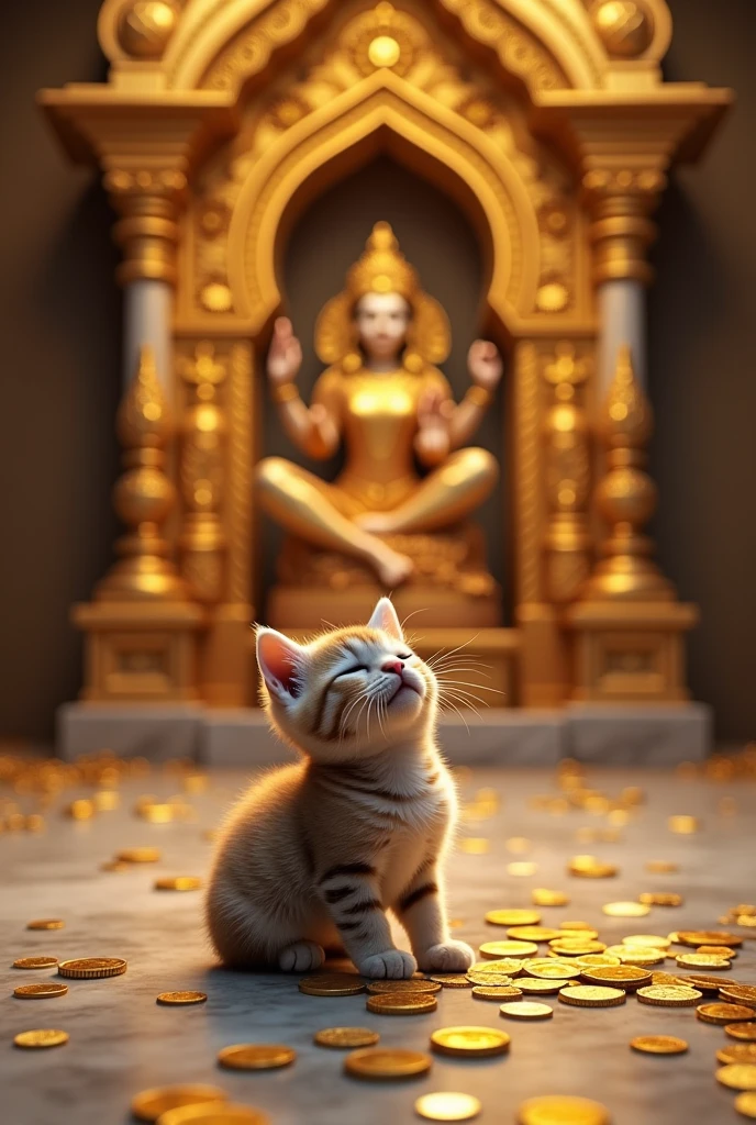 (photorealism:1.2), cute miniature cat praying to sarawathi devi, temple full of gold coins and bars.