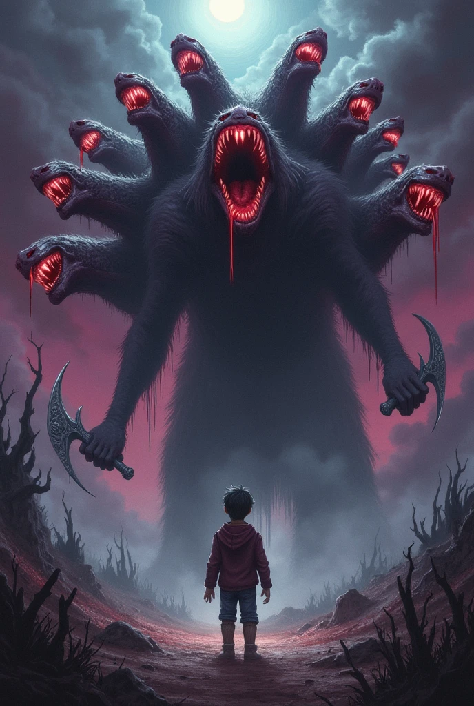 A boy is standing infront of a demon who is very big in size,he has a lot of head,big big teeth with red blood,many dangerous weapons in hand and want to afraid the boyand the standing boy is about to run away
The demon has 10 heads