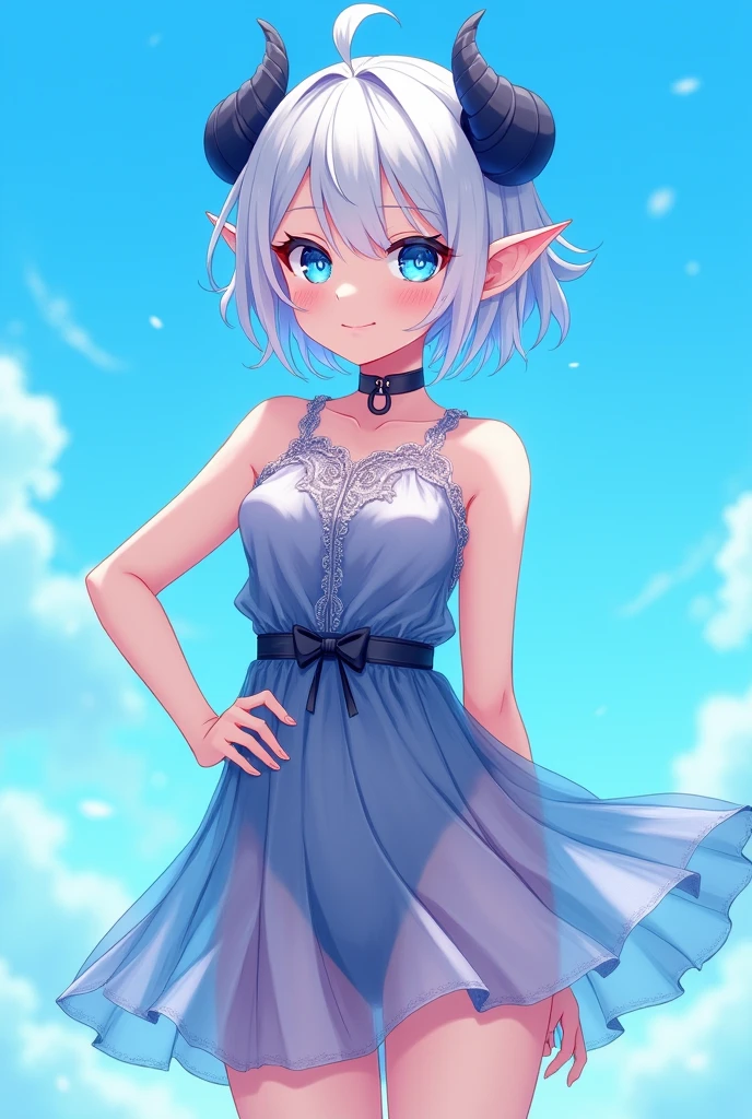 score_9, score_8_up, score_7_up,((best quality)), absurdnes, ((best quality)), CoquelinePXL, 1 femboy, feminine male, adult, 20 years old, black pupil, glowing blue iris, black sclera, blue skin, short peekaboo style hair((white outside, black inside)), pointy elf ears, bluish-black short demon horns, azure blue demon tail, short white dress, mini skirt, translucent skirt, sleeveless, empire waist dress, turtle neck, solid sky blue background, solo, hand on waist, looking at viewer, big ass, no breast, flat chest, anime inspired art, lewd, nsfw, seductive smile