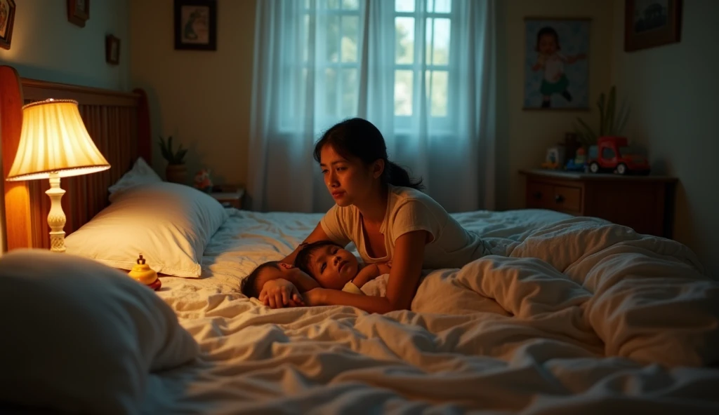 Character: Sunaina, mid-30s, with a weary face, putting her two children to bed. She looks drained and is struggling to keep her eyes open.
Background: A modest bedroom with a soft, warm glow from a night lamp. The children’s beds are neatly made, and there are toys scattered around. The overall mood is serene, but Sunaina's expression hints at her underlying unease.