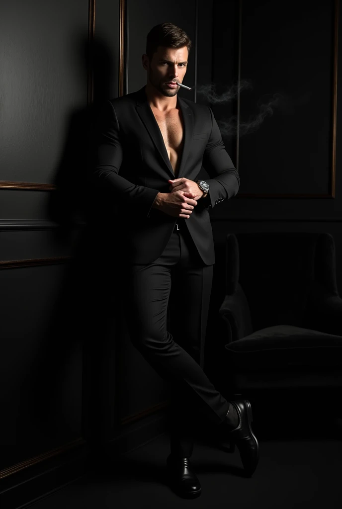 muscular man wearing black suit, smoking cigarette, in room of Black luxury room