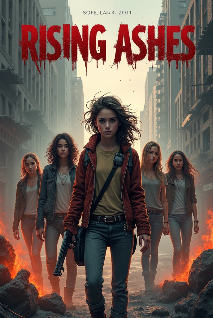 Create a book cover for Rising Ashes that’s about teenagers who are trying to survive a zombie apocalypse