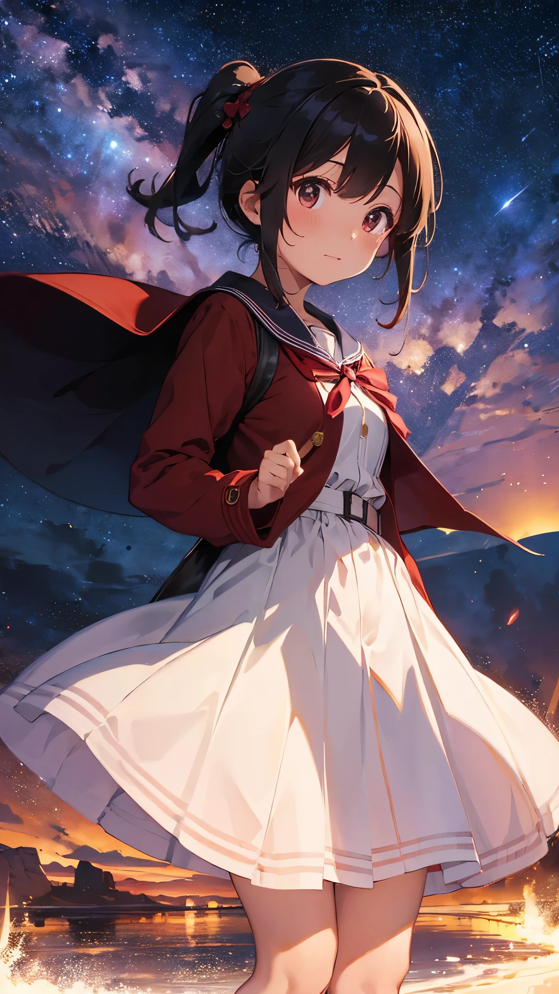 A sailor uniform dress with a long red coat over it.、A barren desert, the night sky, and the Milky Way galaxy.