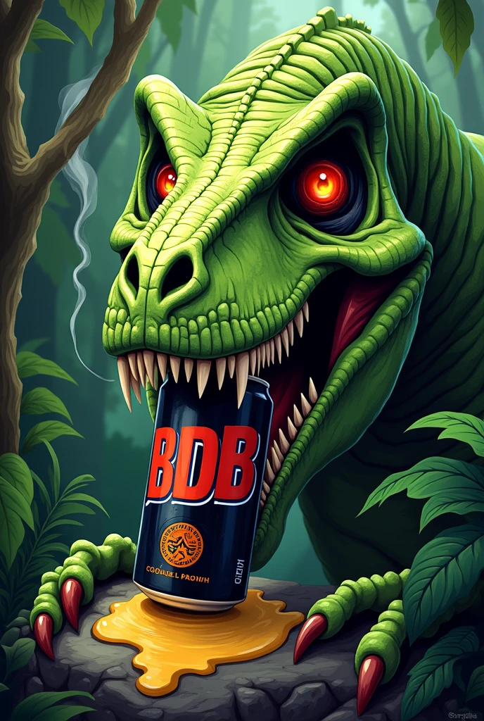 green t-rex skull, having a can of beer in is mouth, canette color is black, writing BDB on it in red, teeth stuck in the can and liquid, coule par les trous des dents dans la canette, small sign of smoke coming out of the nostrils, angry eyes orange and red and frowning eyebrows apparence cartoon, a pupille dilatée noir, fond à l'arrière type jungle, la tête du t-rex sort de plusieurs buissons, vision du t-rex depuis l'avant, il a ses griffes posées sur un rocher en dessous de sa tête et de la bière coule sur le rocher, la canette n'est pas debout dans sa bouche