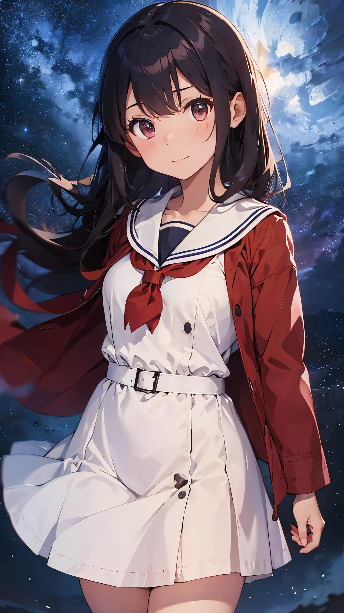 A sailor uniform dress with a long red coat over it.、A barren desert, the night sky, and the Milky Way galaxy.