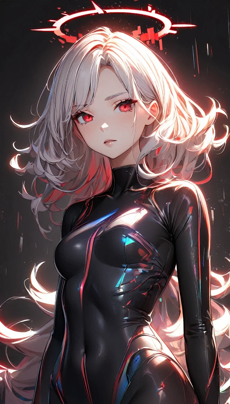 1girl, white hair, wild hair, red eyes, (white eyelashes:1.2), emotionless, red glow halo, (chromatic aberration:1.2), solo, digital dissolve, black bodysuit, 20 years old, mature, arrogant expression, black background, look at viewer 