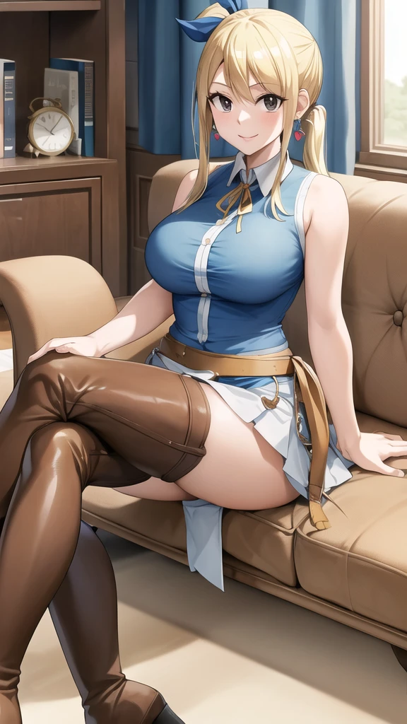 masterpiece, best quality, highres, lucy heartfilia, blonde hair, long hair, side ponytail, blue ribbon, large breasts, earrings, thigh boots, blue shirt, sleeveless shirt, white skirt, room, sit, sofa, day, crossed legs, smile,