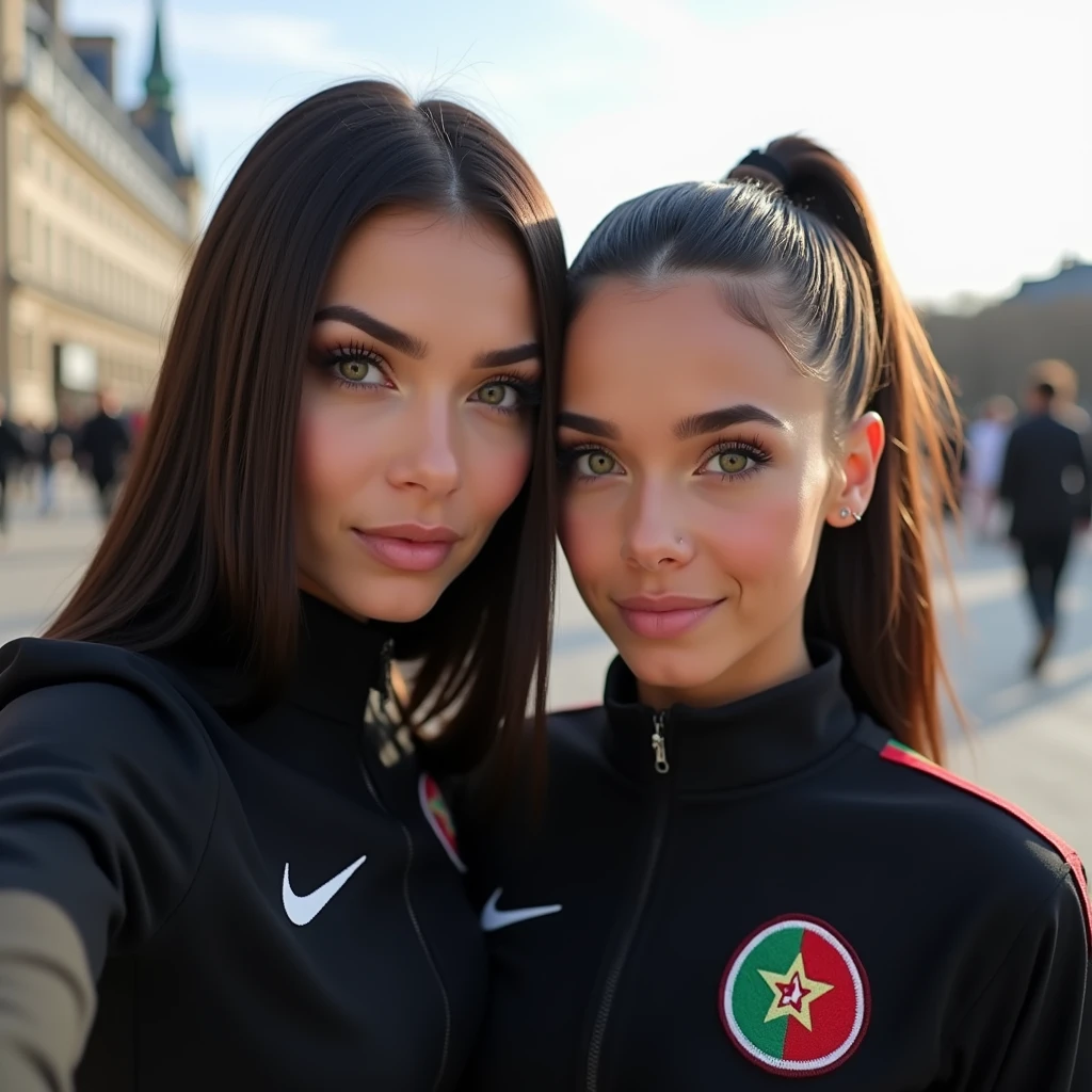 A matte-colored woman with very straight black hair with almond-shaped green eyes and she is made up, she is wearing a black Nike tracksuit with another woman with brown hair pulled back in a ponytail with brown eyes and a Morocco jersey, they are taking a picture, the background is Paris (The two girls are very made up)