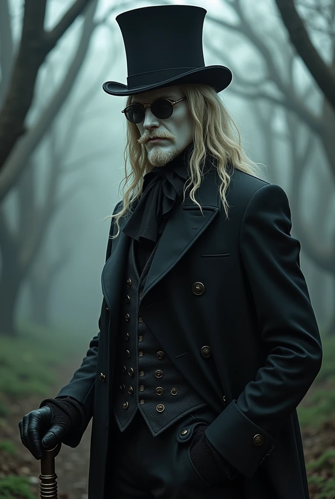 A hunter from bloodborne dresses with a top hat and the hunter set, usig dark glasses and a cane as your weapon, white skin tone, blonde long hair and a goatee as facial hair