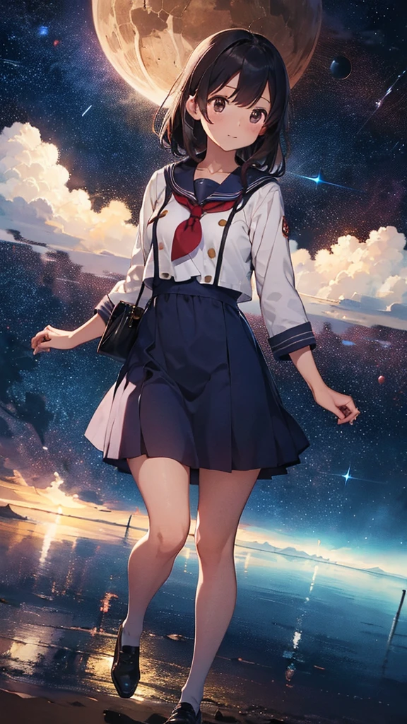 A sailor uniform dress with a long red coat over it.、A barren desert, the night sky, and the Milky Way galaxy.