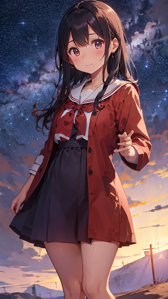 A sailor uniform dress with a long red coat over it.、A barren desert, the night sky, and the Milky Way galaxy.