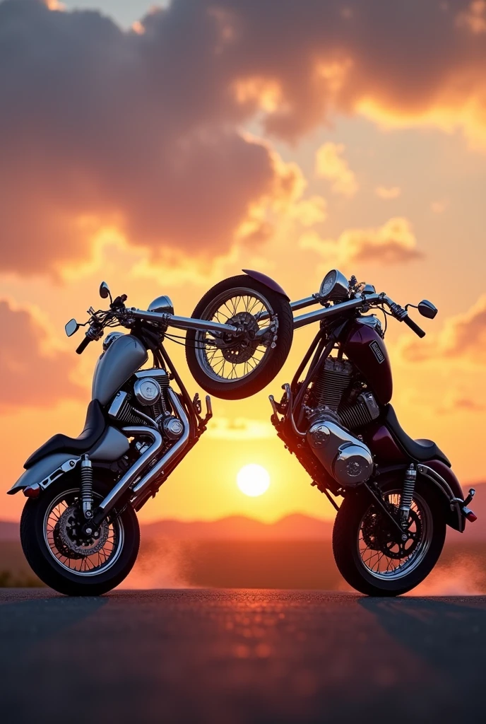 Two motorcycles wheelieing, one facing the other towards the sunset, a motorcycle will be in the foreground further forward, and the other one in the background further back. In the background a view with sunset