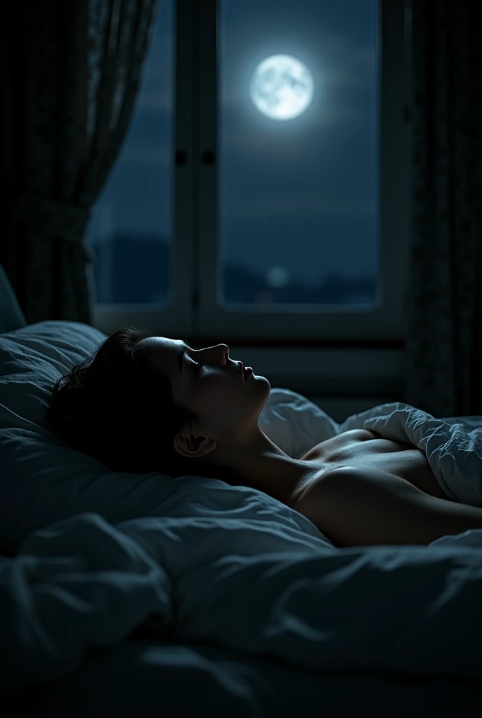 Image of a woman lying awake in bed, surrounded by darkness and moonlight streaming through a window.
