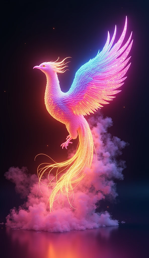 a stunningly detailed 3D render of a vibrant, glowing phoenix rising from a kaleidoscope of neon rainbow smoke, surrounded by an ethereal, crystal-like flame that radiates an otherworldly light, set against a pure black background with zero shadows, evoking the surreal quality of anime-inspired vector art, featuring an intricately designed, ornate 3D model with delicate, lace-like textures, adorned with microscopic, shimmering particles that refract light, showcasing an exaggerated, dynamic pose, bathed in a mesmerizing ring light that highlights the phoenix's majestic plumage, with a vibrant, electric color palette that blends hot pinks, electric blues, and sunshine yellows, masterfully crafted to evoke a sense of wonder and enchantment, with an intricate level of detail and realism reminiscent of Pixar and Unreal Engine productions.