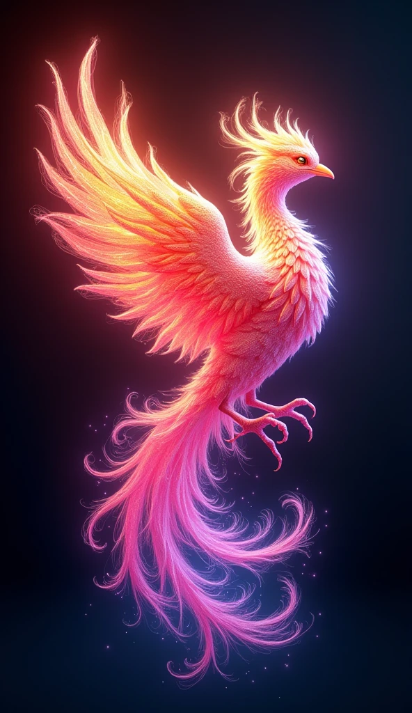 a stunningly detailed 3D render of a vibrant, glowing phoenix rising from a kaleidoscope of neon rainbow smoke, surrounded by an ethereal, crystal-like flame that radiates an otherworldly light, set against a pure black background with zero shadows, evoking the surreal quality of anime-inspired vector art, featuring an intricately designed, ornate 3D model with delicate, lace-like textures, adorned with microscopic, shimmering particles that refract light, showcasing an exaggerated, dynamic pose, bathed in a mesmerizing ring light that highlights the phoenix's majestic plumage, with a vibrant, electric color palette that blends hot pinks, electric blues, and sunshine yellows, masterfully crafted to evoke a sense of wonder and enchantment, with an intricate level of detail and realism reminiscent of Pixar and Unreal Engine productions.