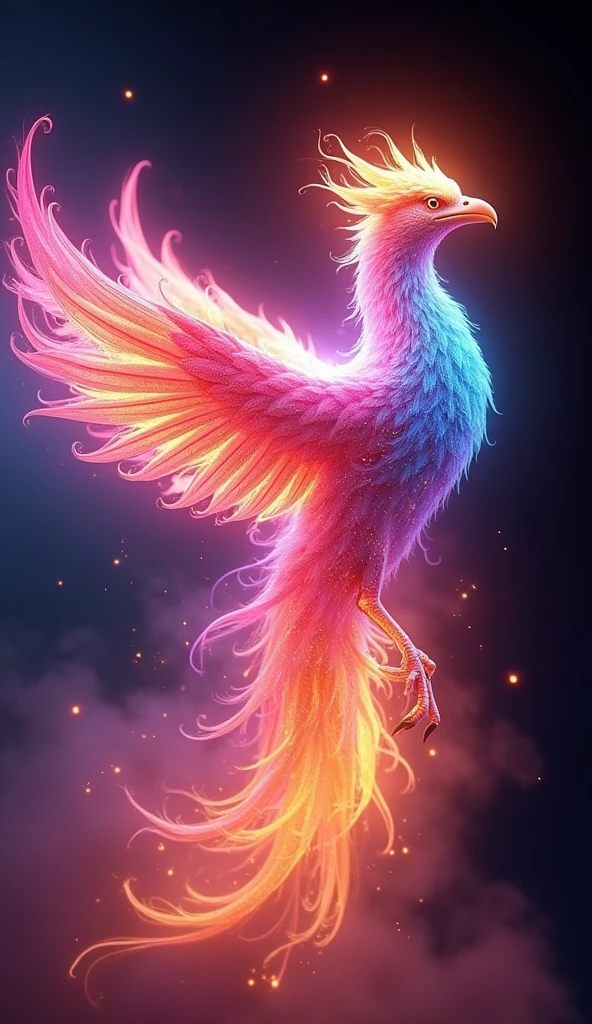 a stunningly detailed 3D render of a vibrant, glowing phoenix rising from a kaleidoscope of neon rainbow smoke, surrounded by an ethereal, crystal-like flame that radiates an otherworldly light, set against a pure black background with zero shadows, evoking the surreal quality of anime-inspired vector art, featuring an intricately designed, ornate 3D model with delicate, lace-like textures, adorned with microscopic, shimmering particles that refract light, showcasing an exaggerated, dynamic pose, bathed in a mesmerizing ring light that highlights the phoenix's majestic plumage, with a vibrant, electric color palette that blends hot pinks, electric blues, and sunshine yellows, masterfully crafted to evoke a sense of wonder and enchantment, with an intricate level of detail and realism reminiscent of Pixar and Unreal Engine productions.