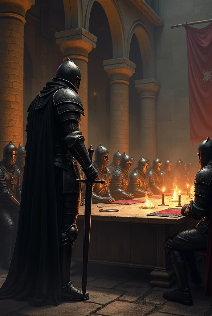 a knight in black armor beside him has a black-bladed sword, he is in front of a table with other knights, They are in a war council

