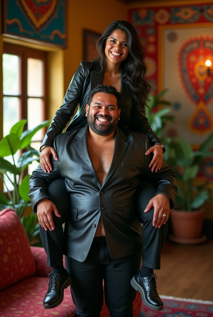 Create a realistic photograph of a smiling and beautiful indian woman in black leather suit carrying a obese man on her shoulder , in a exotic room, man is sitting on top of her shoulder, man on top, woman standing at bottom 