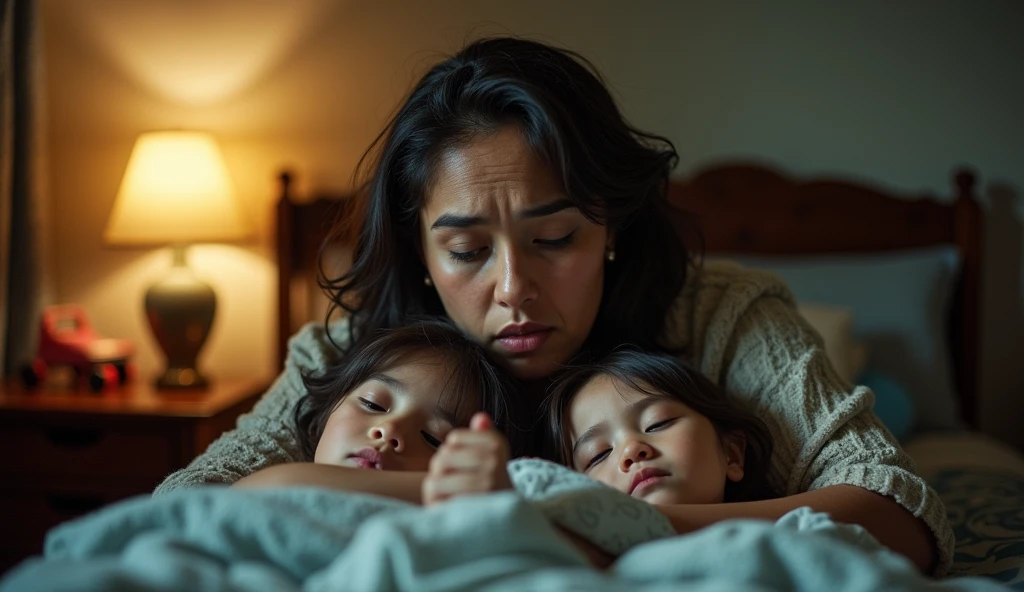 Character: Sunaina, mid-30s, with a weary face, putting her two children to bed. She looks drained and is struggling to keep her eyes open.
Background: A modest bedroom with a soft, warm glow from a night lamp. The children’s beds are neatly made, and there are toys scattered around. The overall mood is serene, but Sunaina's expression hints at her underlying unease.