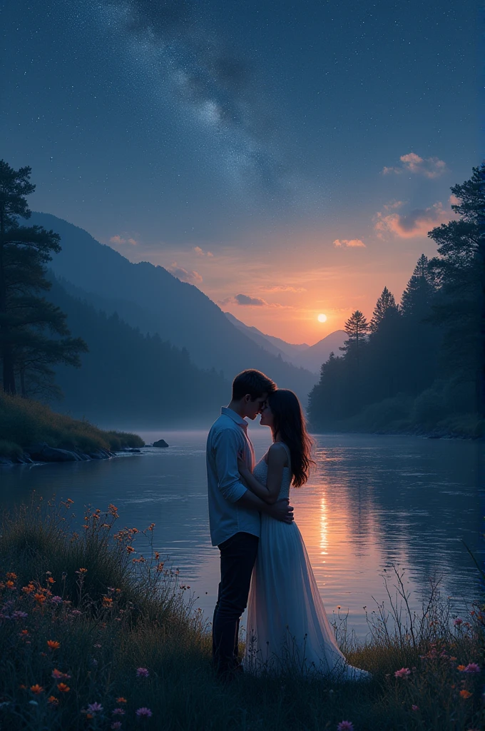 River valley, twinkling stars and lovers making love