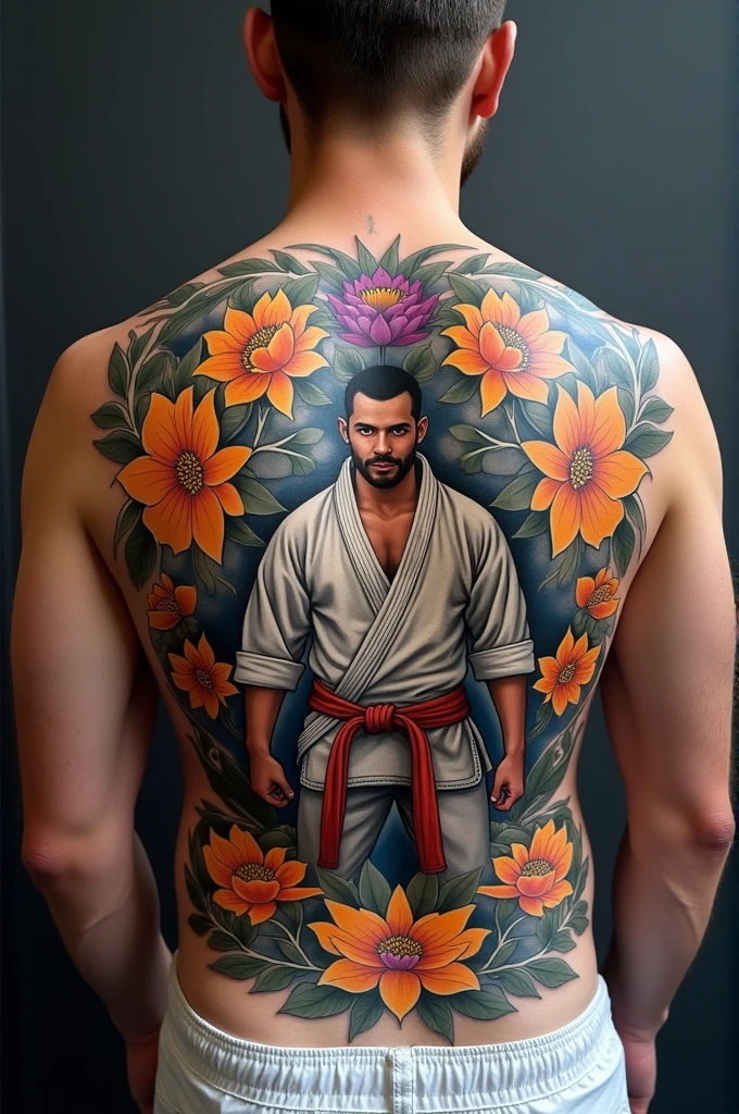 A tattoo image on my back about my jiu-jitsu journey. I started training at , going through the white belts, Yellow and orange. But I took a break at 16 and only returned to my journey at 32 years old with the blue belt, and today I am 36 years old and am a purple belt.