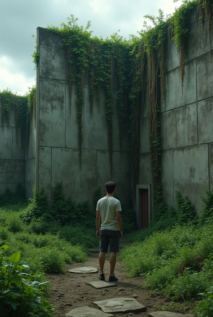 Image of a male character from behind looking at a giant wall( a camera close to the feet)covered with green roots and trees around on the ground apocalyptic style, Maze Runner style 
