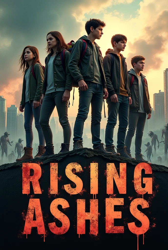 Create a book cover for Rising Ashes that’s about teenagers who are trying to survive a zombie apocalypse 
