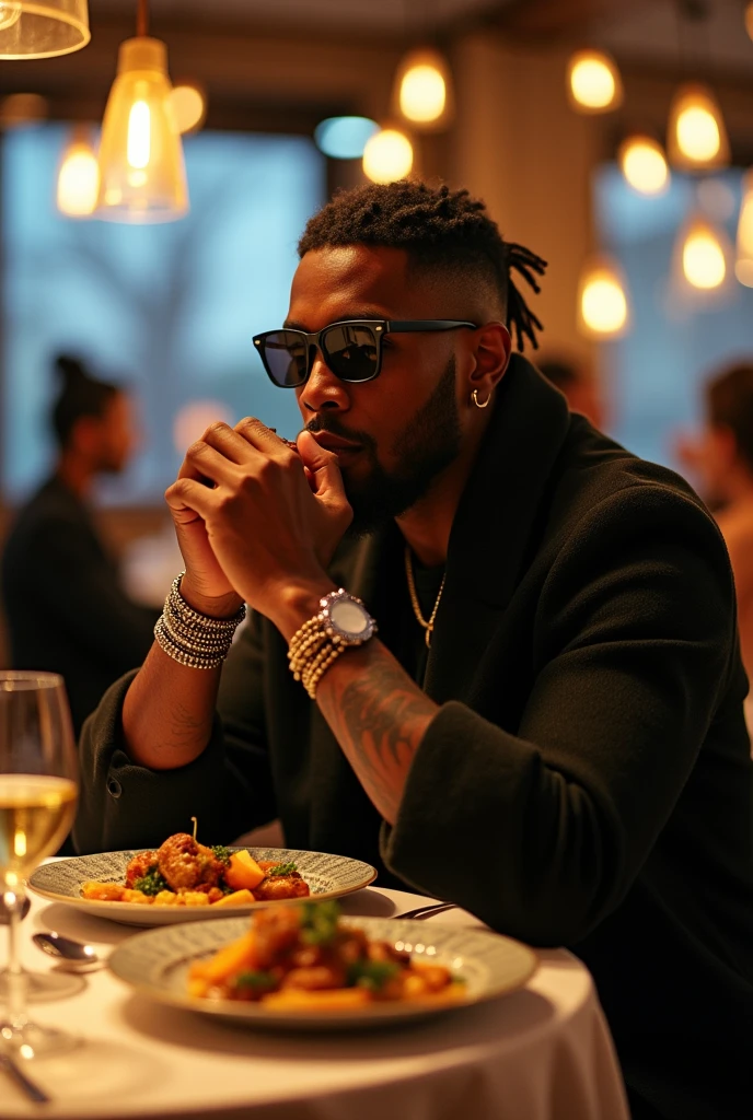 In the background, a rapper appears alone in a restaurant having dinner with wires and black lenses.