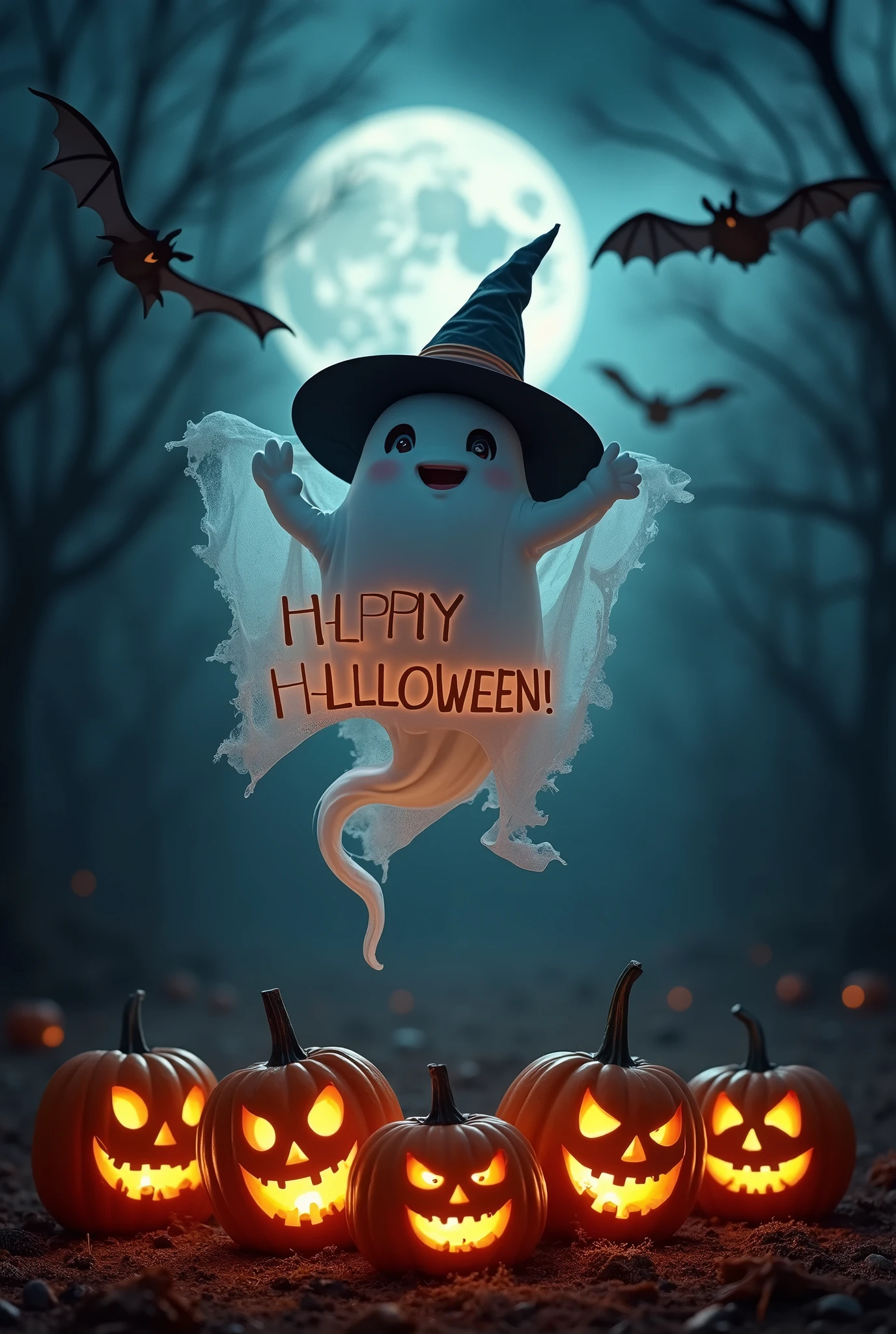 W górnej części wyśrodkowany napis HALLOWEEN PARTY. W mrocznym klimacie. W centralnej części obrazek ducha w czapce czarownicy. Duch trzyma w ręce transparent . Na dole dynie. Dookoła nietoperze.
