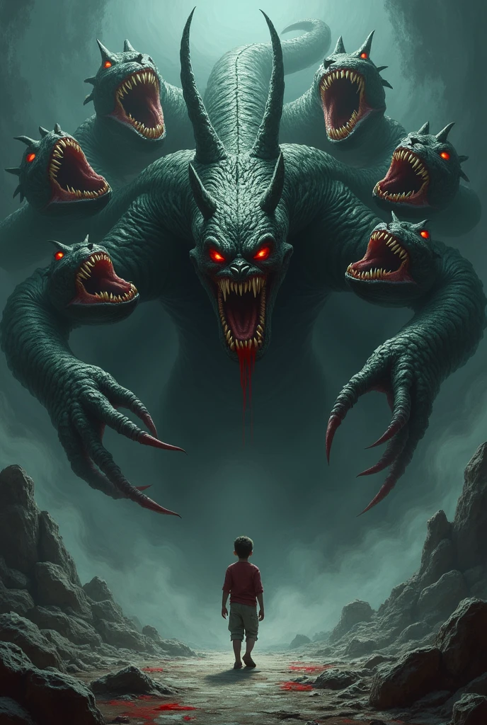 A boy is standing infront of a demon who is very big in size,he has a lot of head,big big teeth with red blood,many dangerous weapons in hand and want to afraid the boyand the standing boy is about to run away
The demon has 10 heads and his body is in a snake form
