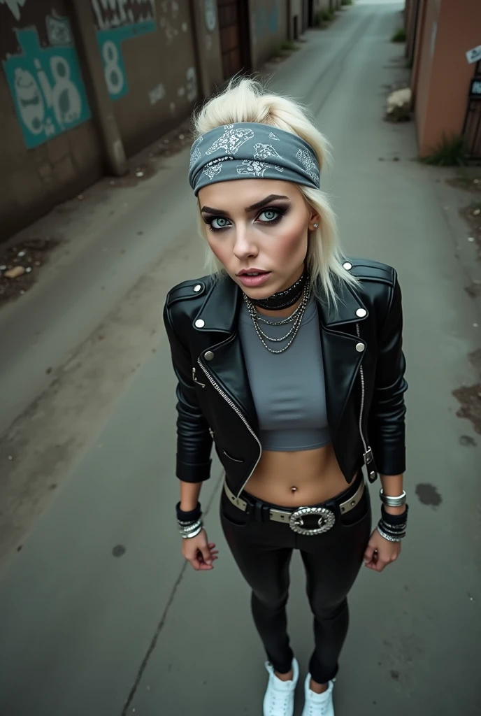 russian milf woman, biker gang member, platinum blonde hair with grey bandana headband, with very light blue eyes, extremely pale, heavy eye shadows. Sad face, smeared make up, runny mascara. Wearing black moto jacket, cropped rock band grey t-shirt, leather skinny jeans and white tennis sneakers . Lots of metallic bracelets and collars. Tacky leather belt with oversized, excessive buckle. Hands in pockets Wide loop earrings. Looks amazed to the camera: big eyes, open mouth, No hdr effect