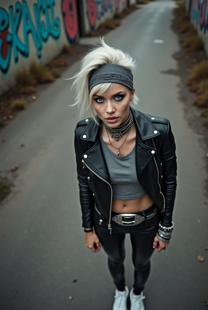russian milf woman, biker gang member, platinum blonde hair with grey bandana headband, with very light blue eyes, extremely pale, heavy eye shadows. Sad face, smeared make up, runny mascara. Wearing black moto jacket, cropped rock band grey t-shirt, leather skinny jeans and white tennis sneakers . Lots of metallic bracelets and collars. Tacky leather belt with oversized, excessive buckle. Hands in pockets Wide loop earrings. Looks amazed to the camera: big eyes, open mouth, No hdr effect