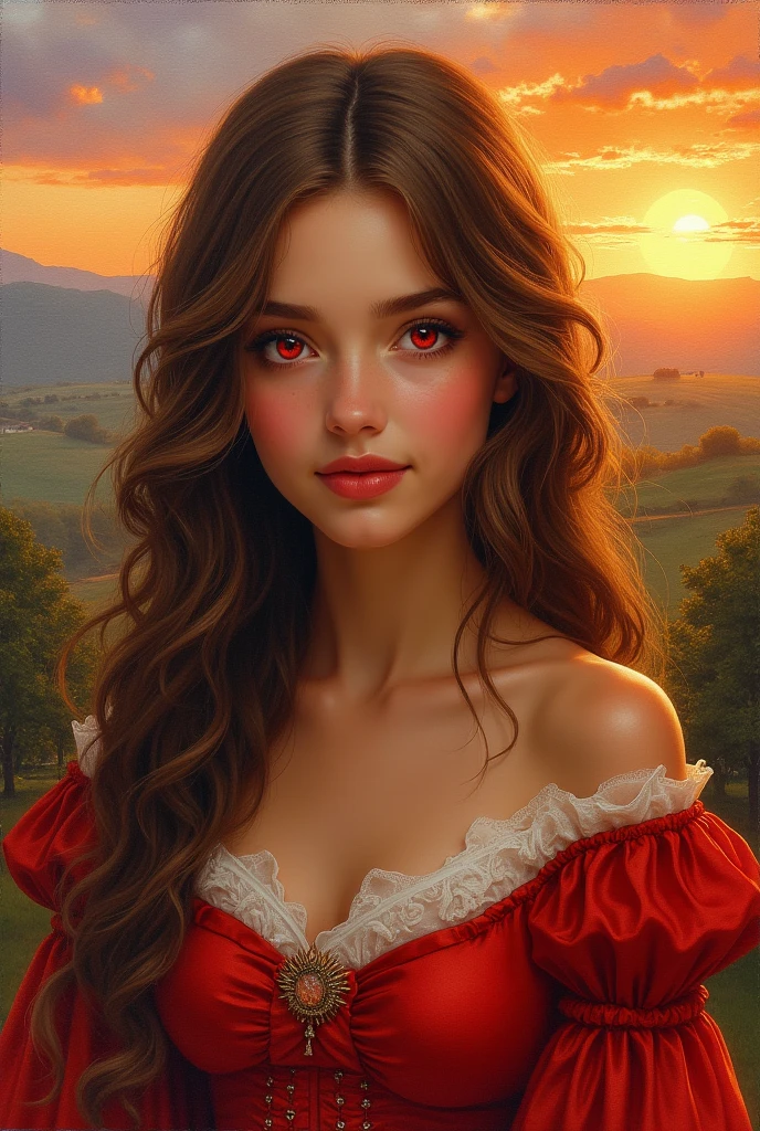 Image of a painting canvas with a beautiful landscape in the background, and in front the very pretty and attractive face of a teenage girl with long wavy brown hair and red eyes. Your skin color is light tan. Remember that because it's a painting, it has to have paint texture. The outfit she is wearing is a fancy dress in red and white colors., red being the same color as your eyes. Her breasts are large, but not so much.
