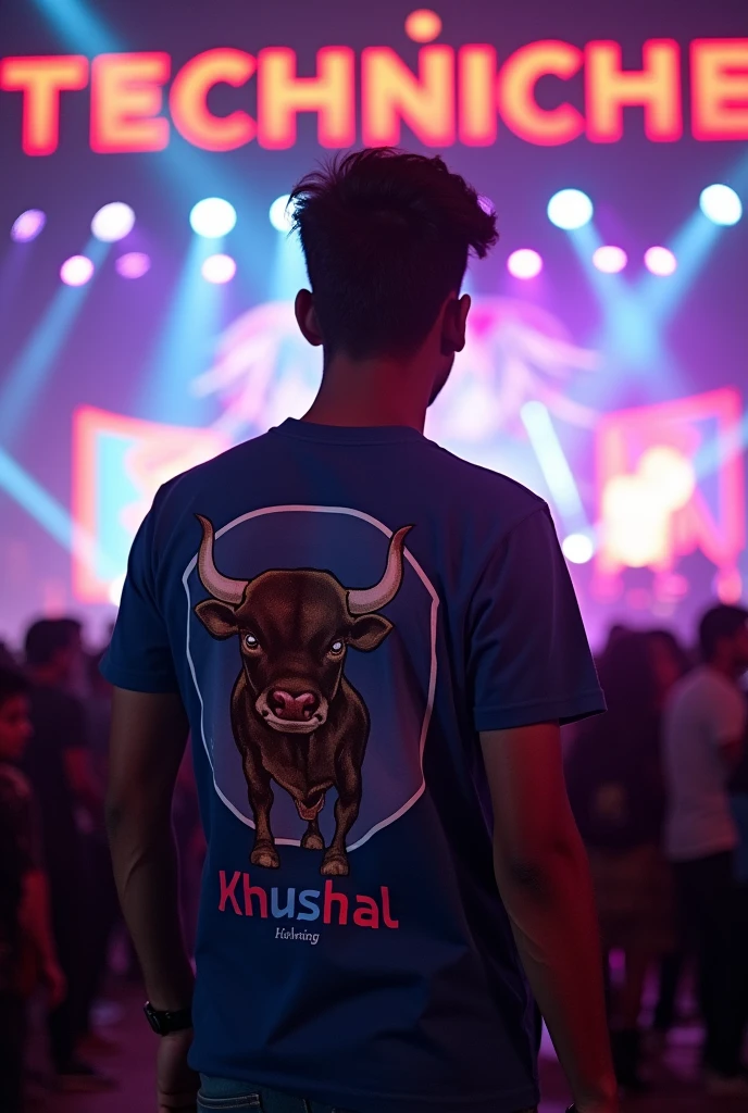 Here's a prompt you can use to create the image:
---
Create an image of a 19-year-old boy weighing 50kg, seen from behind. He is wearing a t-shirt with "IITG" and the name "Khushal" on it, along with an image of a bull. The setting is backstage at a vibrant function called "Techniche," with the event name prominently displayed on a large horizontal beam. The scene captures the excitement and energy of the event.