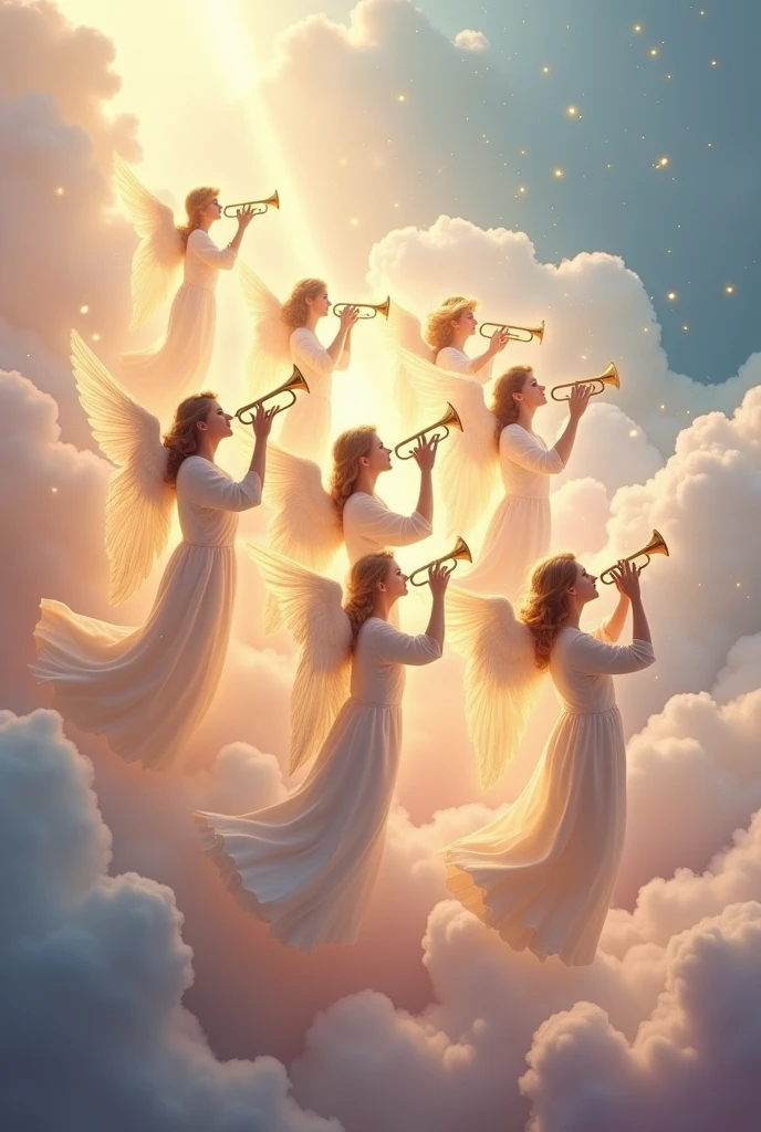Seven angels are singing in heaven while playing trumpets.