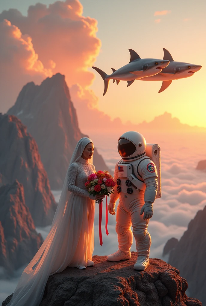 Shark wedding with an astronaut on a mountain peak