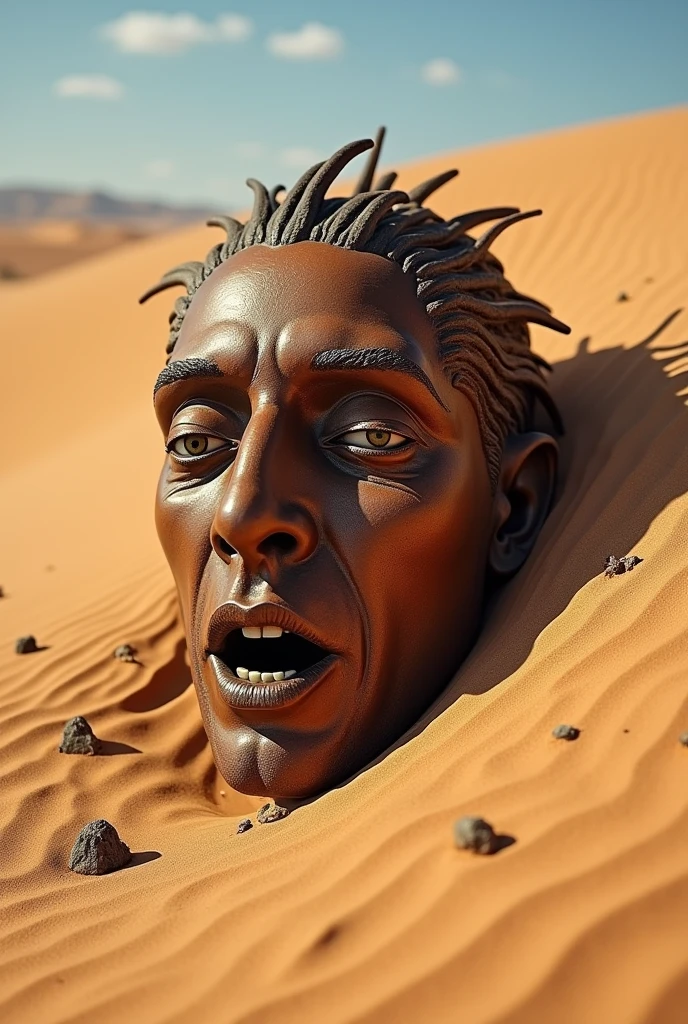 I want an image of a surprised abandoned male head made of metal. , deteriorated and buried in the sand in the desert