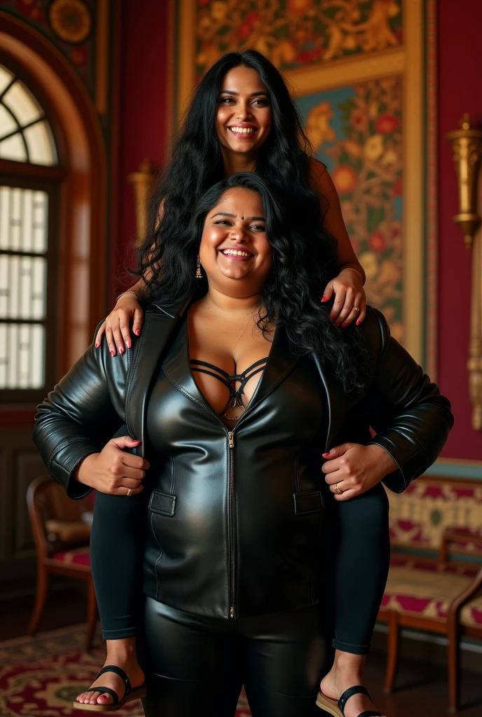 Create a realistic photograph of a smiling and beautiful indian woman in black leather suit carrying a obese man on her shoulder , in a exotic room, man is sitting on top of her shoulder, man on top, woman standing at bottom