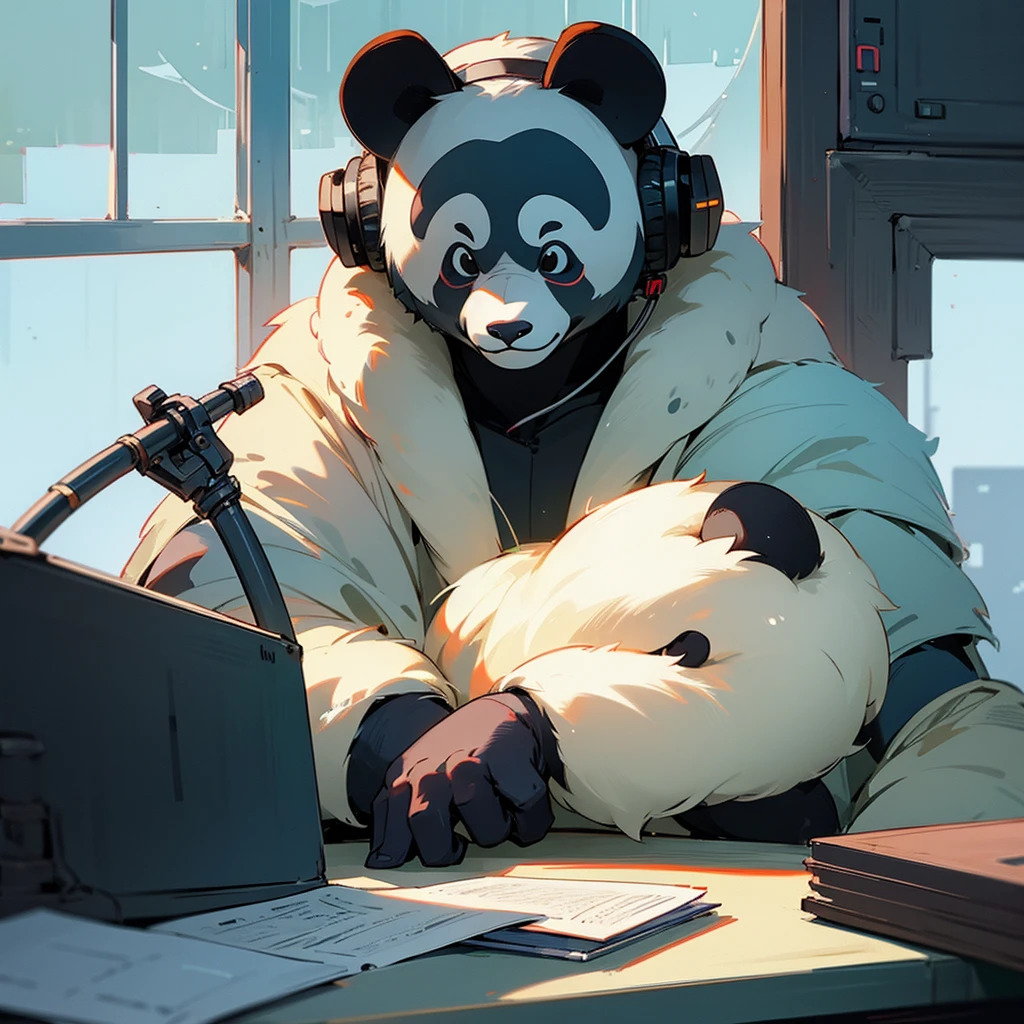 Humanoid panda character is studying at his desk listening music with his headphones 