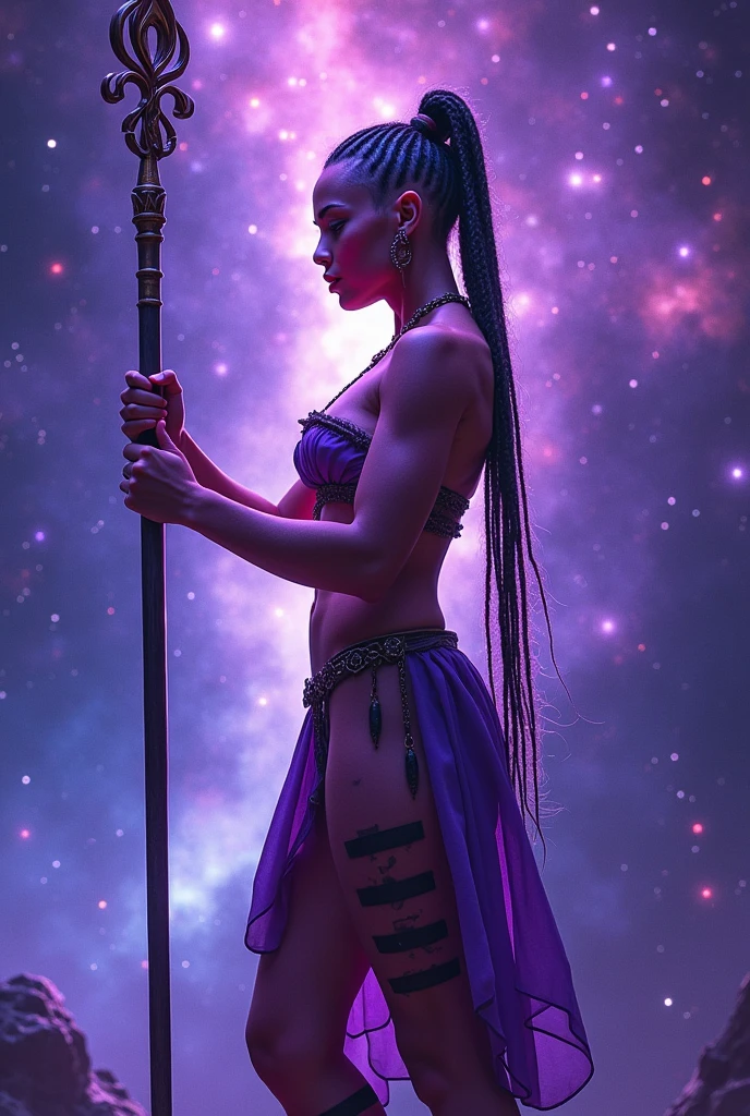 1girl, muscular, pink skin, shaved with black braids, indigo lantern insignia, striped tattos on thighs, violet scheme, crop top, loincloth, bare feet, holding a long staff, indigo aura, space background, sorcery pose