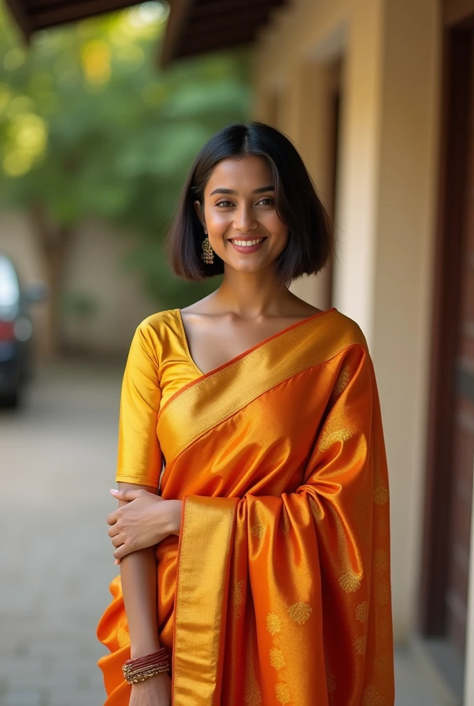 Indian female bob cut hair, expensive silk saree, full length body photograph, looking straight at the camera, big cute smile, sexy figure, golden blouse matching saree, wheatish complexion cute face, North Indian girl, looks like Kiara and Katrina, full body length photo till her feet, full HD quality, 8K