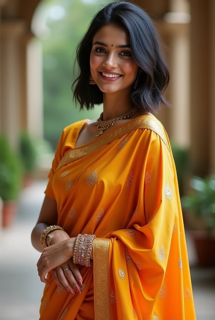 Indian female bob cut hair, expensive silk saree, full length body photograph, looking straight at the camera, big cute smile, sexy figure, golden blouse matching saree, wheatish complexion cute face, North Indian girl, looks like Kiara and Katrina, full body length photo till her feet, full HD quality, 8K