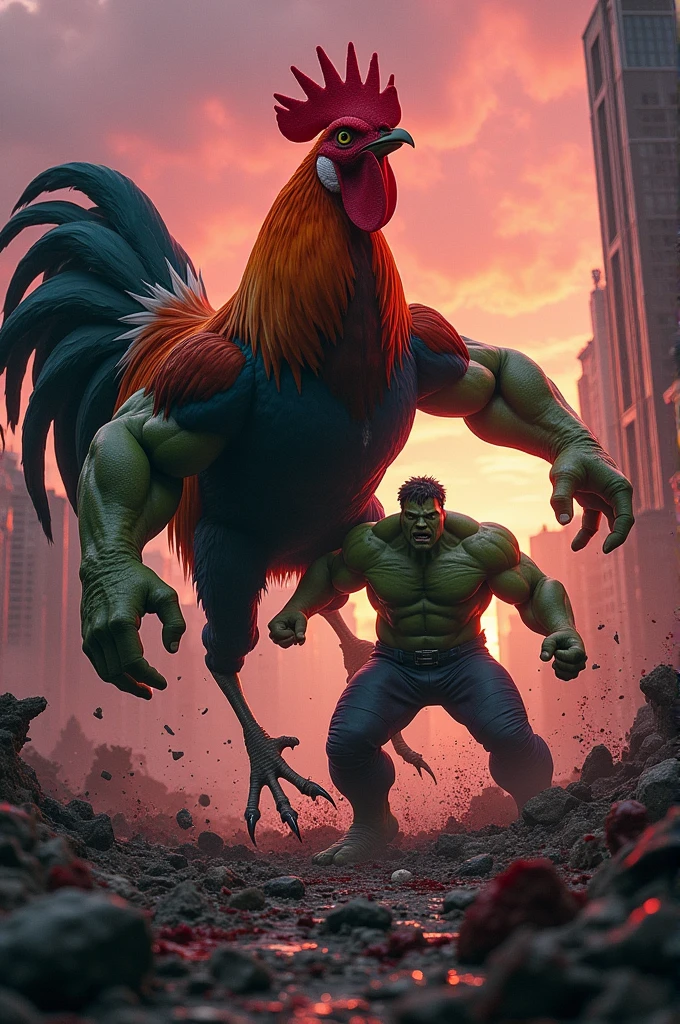 Rooster killing Hulk with blood 
