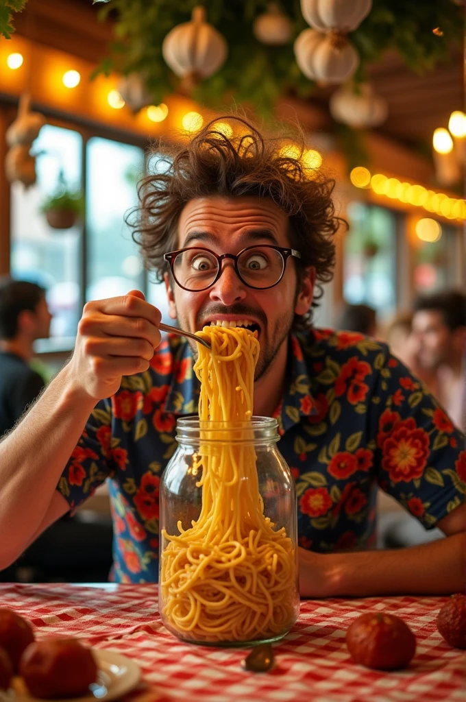 Man eating spaghetti out of a glass