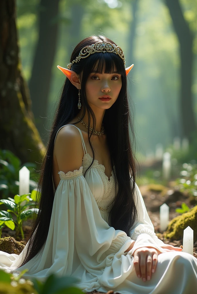 Young woman with black hair, long, straight and with bangs, con un hermoso vestido blanco y long de mangas largas con hombros descubiertos, elf ears and an elf tiara with beautiful spirals, necklaces with quartz , sitting on the ground in a thick forest, delicate rays of sunlight enter between the trees