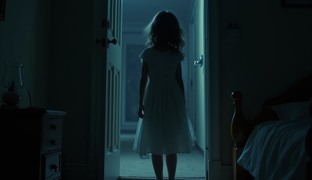 Character: Kittu, 7 years old, standing in her nightgown, staring blankly at the door with a strange smile. Her eyes are wide, unblinking, and unnaturally focused.
Background: The bedroom is bathed in an eerie darkness, with only the moonlight filtering through the window. The door slowly creaks open, revealing deep shadows in the hallway. The atmosphere is chilling and suspenseful.
